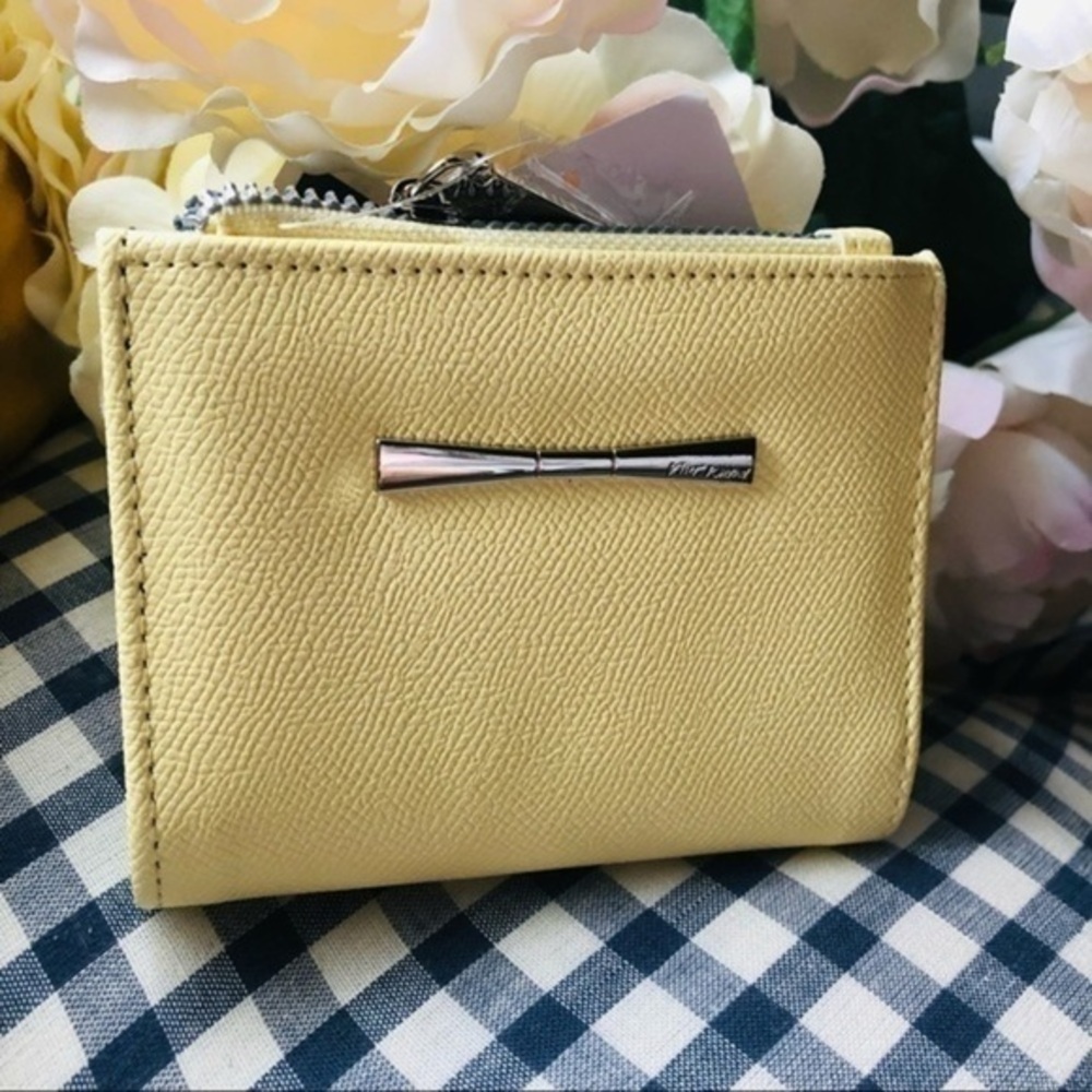 Betsey Johnson Yellow Bifold Wallet Silver Bow Logo Compact Wallet NWT